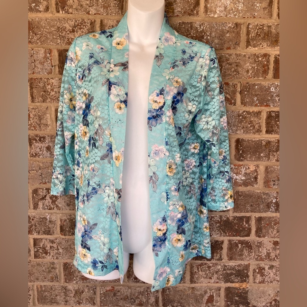 Colorful Floral Open-Front Cardigan Established lace 3/4 sleeves size 8